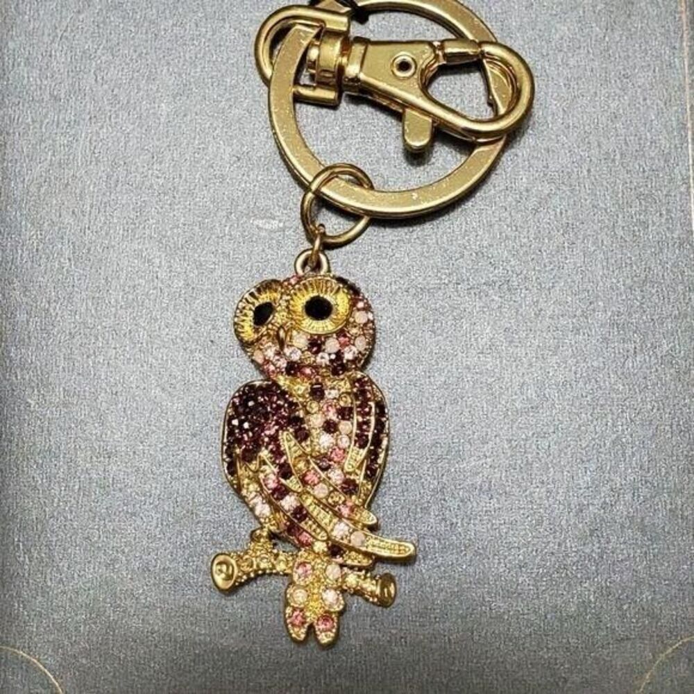 Monet gold tone rhinestone owl key fob pink burgundy